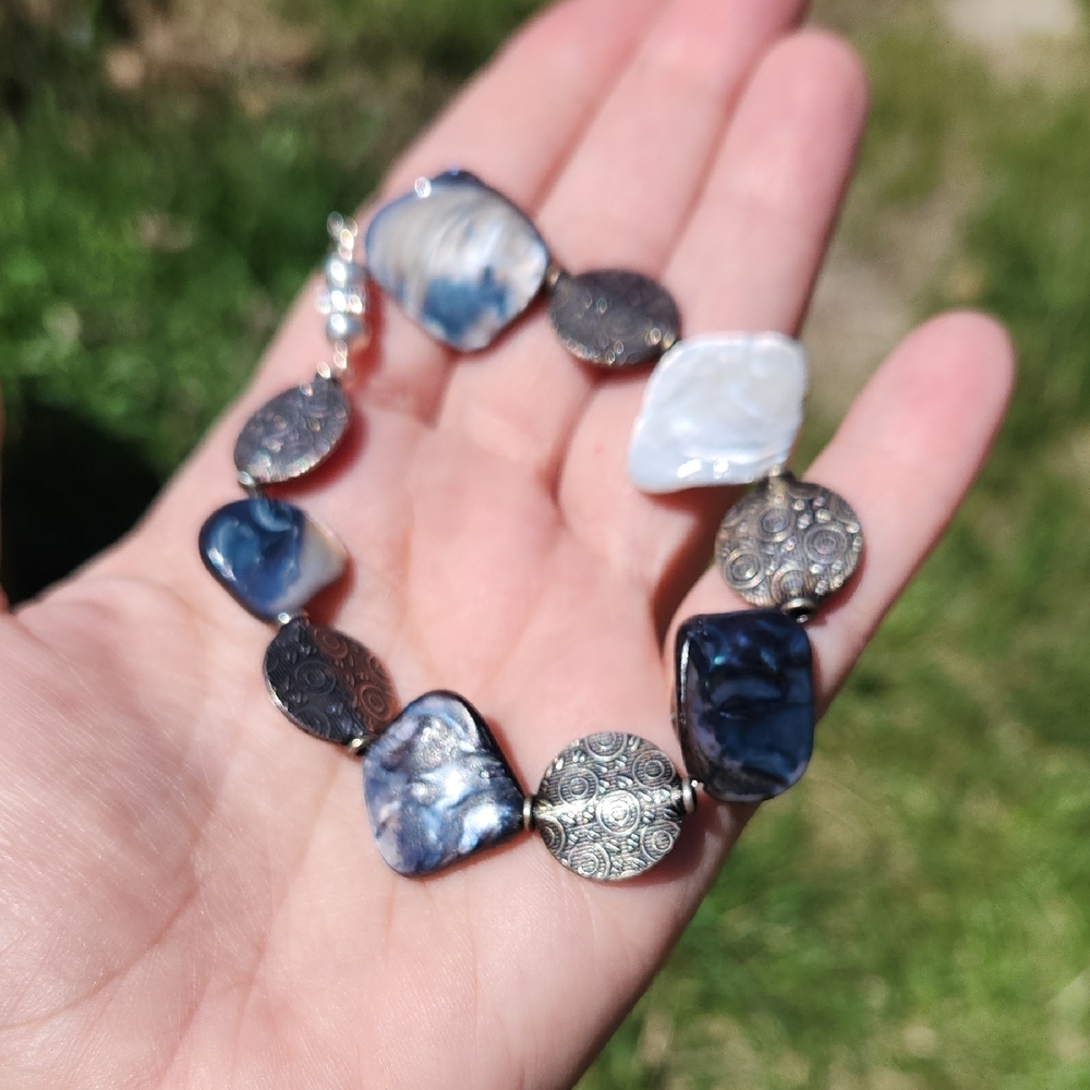 Handmade Oyster Shell & Embossed Spheres Bracelet  Size 7-8
